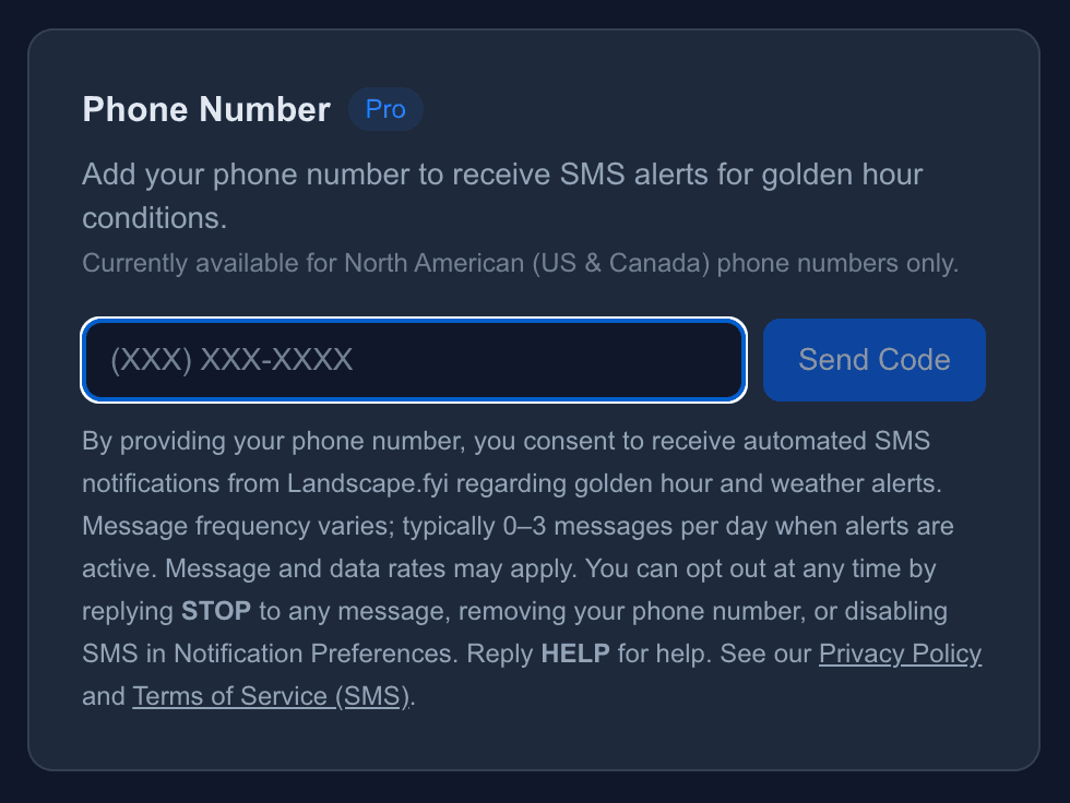 Landscape.fyi SMS opt-in consent interface showing phone number input, consent disclosure with message frequency, data rates notice, STOP and HELP keywords, and links to Privacy Policy and Terms of Service