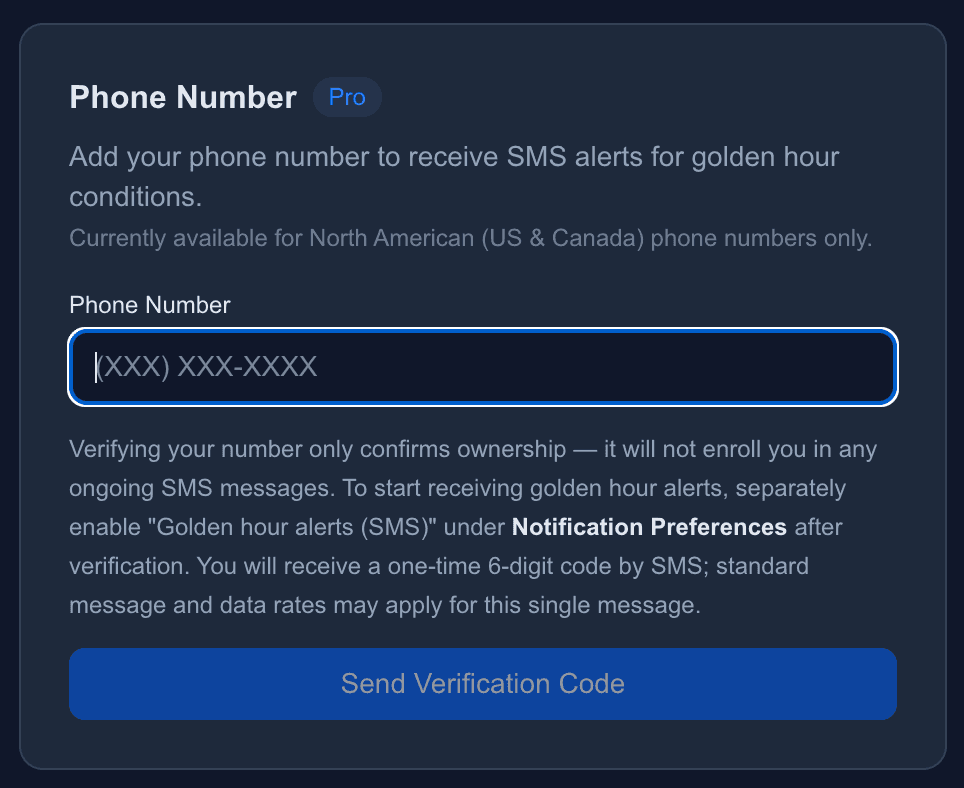 Landscape.fyi phone-number verification UI. Single-purpose phone-number input followed by a Send Verification Code button. Explanatory text states that verifying the number only confirms ownership and does not enroll the user in any ongoing SMS messages; standard message and data rates may apply for the single verification SMS.